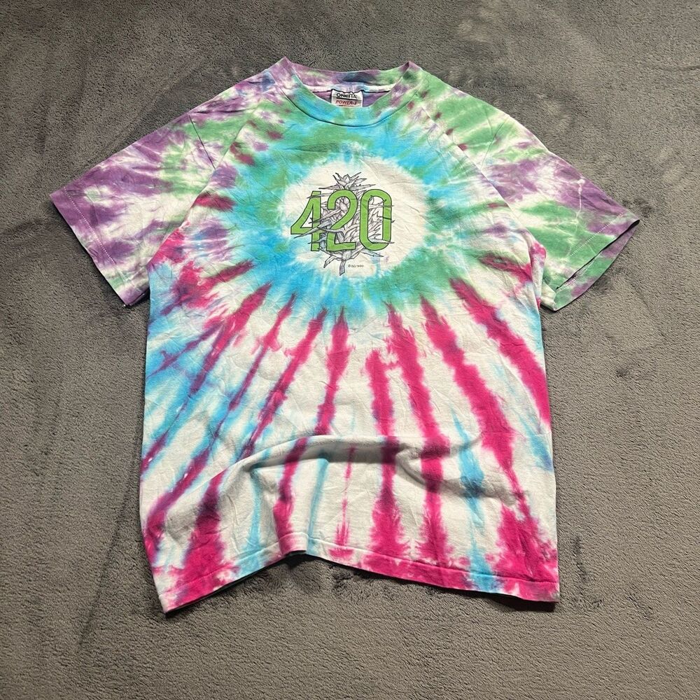 Vintage 1990 Single Stitch 420 Weed Cannabis Tie Dye T-Shirt Size L Made in USA